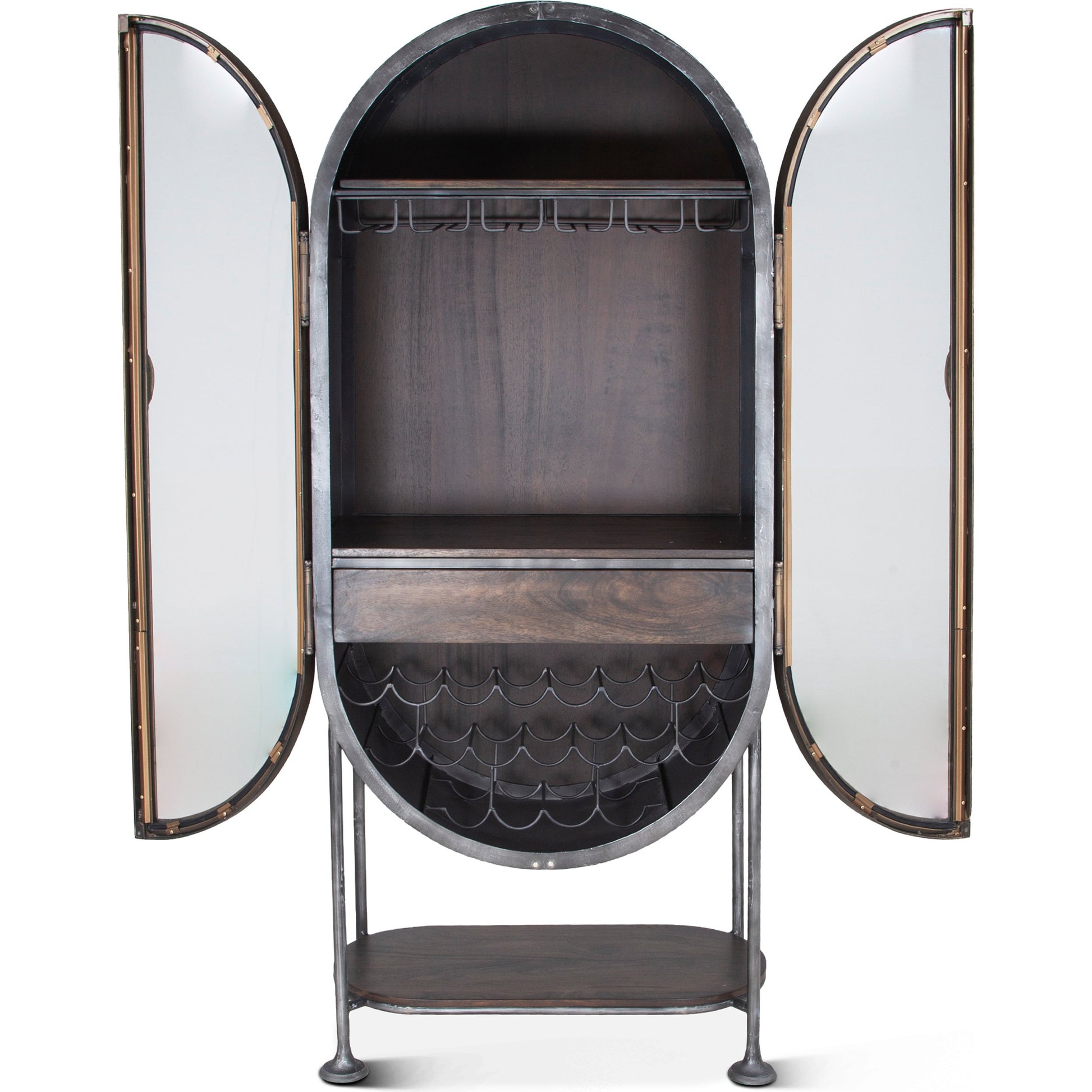 Melbourne Bar Cabinet by World Interiors in silver and antique silver, brushed bronze. Made from acacia wood, iron in a modern style.
