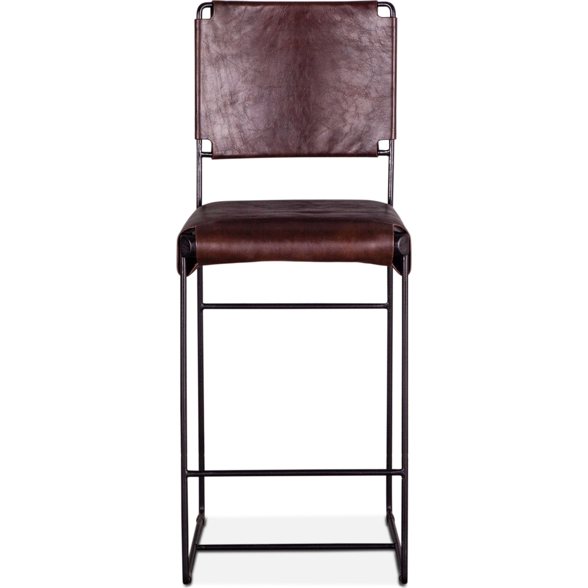 Melbourne Bar + Counter Chair by World Interiors in dark brown and black. Made from reclaimed iron, leather in a modern style.