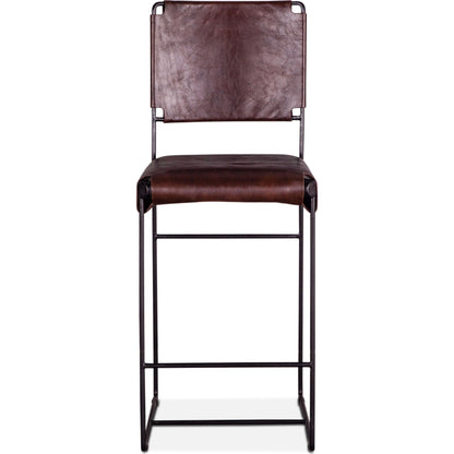 Melbourne Bar + Counter Chair by World Interiors in dark brown and black. Made from reclaimed iron, leather in a modern style.