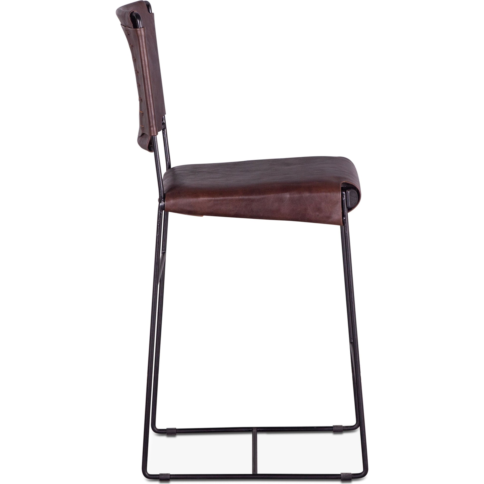 Melbourne Bar + Counter Chair by World Interiors in dark brown and black. Made from reclaimed iron, leather in a modern style.