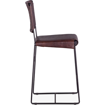 Melbourne Bar + Counter Chair by World Interiors in dark brown and black. Made from reclaimed iron, leather in a modern style.
