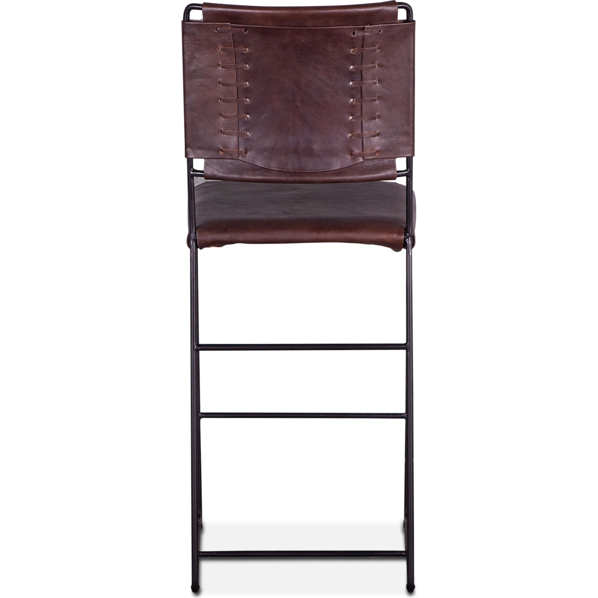 Melbourne Bar + Counter Chair by World Interiors in dark brown and black. Made from reclaimed iron, leather in a modern style.