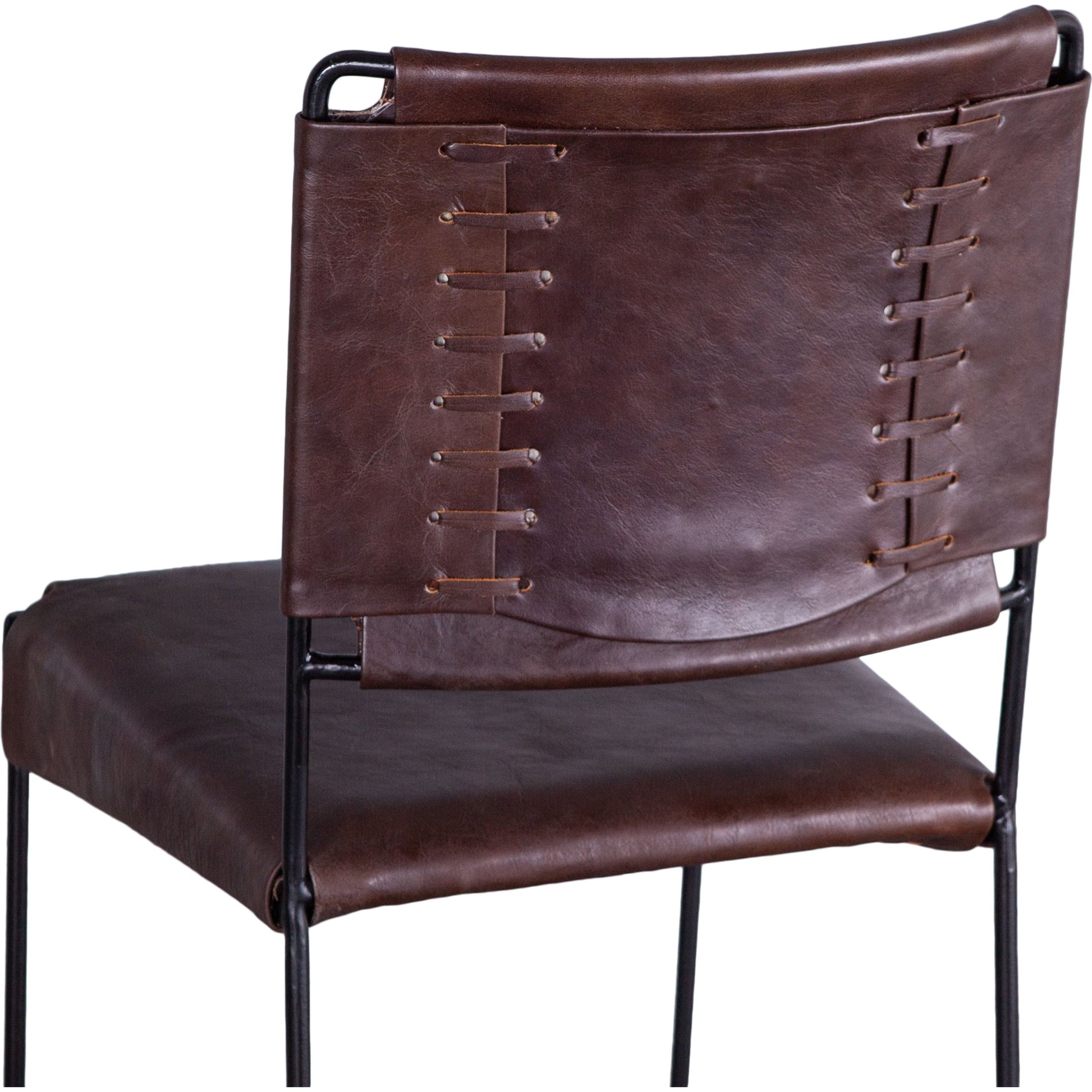 Melbourne Bar + Counter Chair by World Interiors in dark brown and black. Made from reclaimed iron, leather in a modern style.