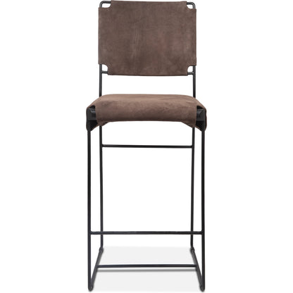 Melbourne Bar + Counter Chair by World Interiors in dark brown and black. Made from reclaimed iron, leather in a modern style.