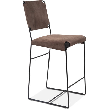 Melbourne Bar + Counter Chair by World Interiors in dark brown and black. Made from reclaimed iron, leather in a modern style.