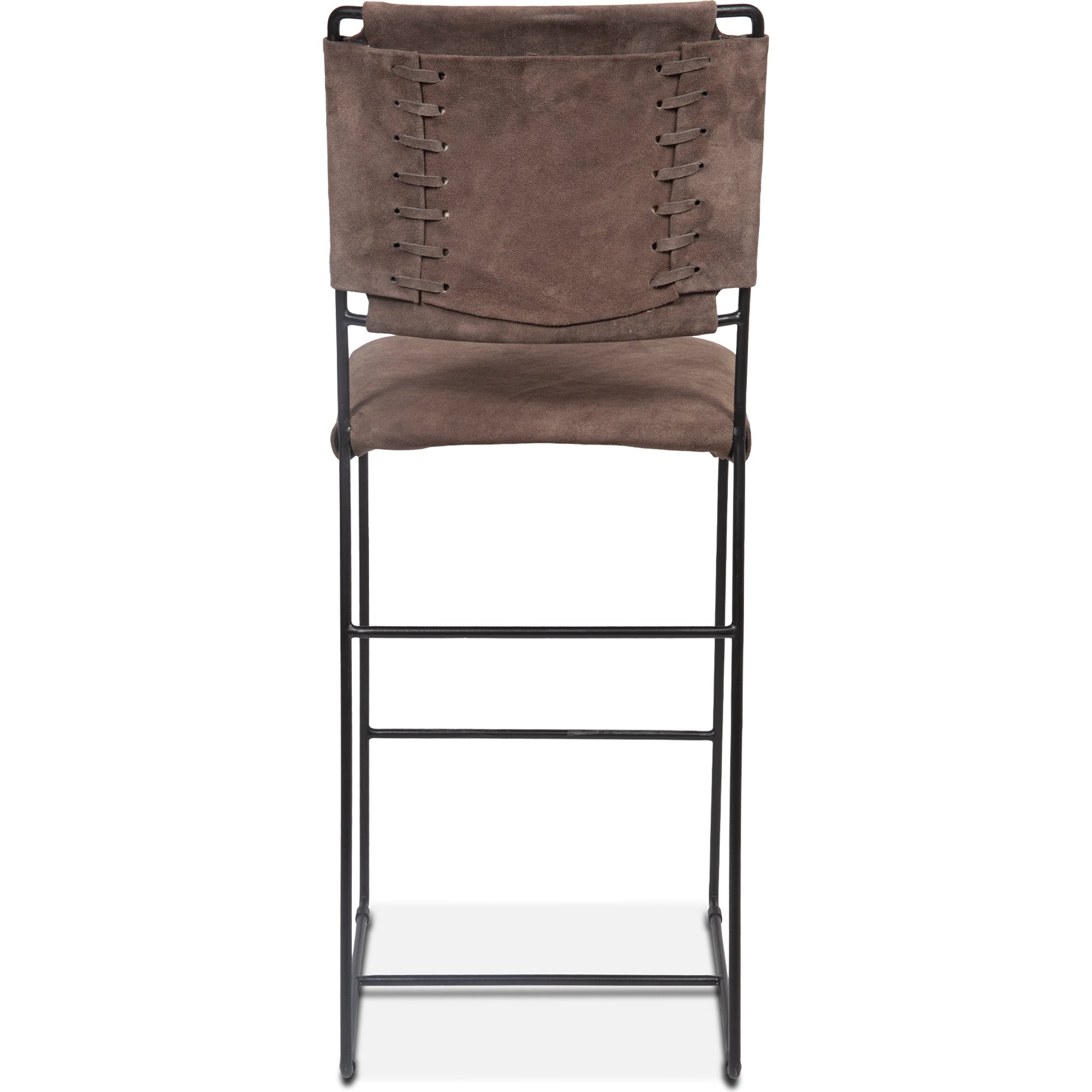 Melbourne Bar + Counter Chair by World Interiors in dark brown and black. Made from reclaimed iron, leather in a modern style.