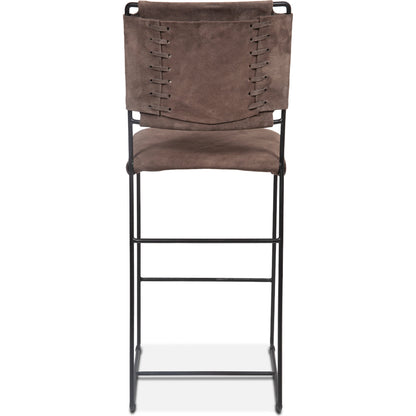 Melbourne Bar + Counter Chair by World Interiors in dark brown and black. Made from reclaimed iron, leather in a modern style.