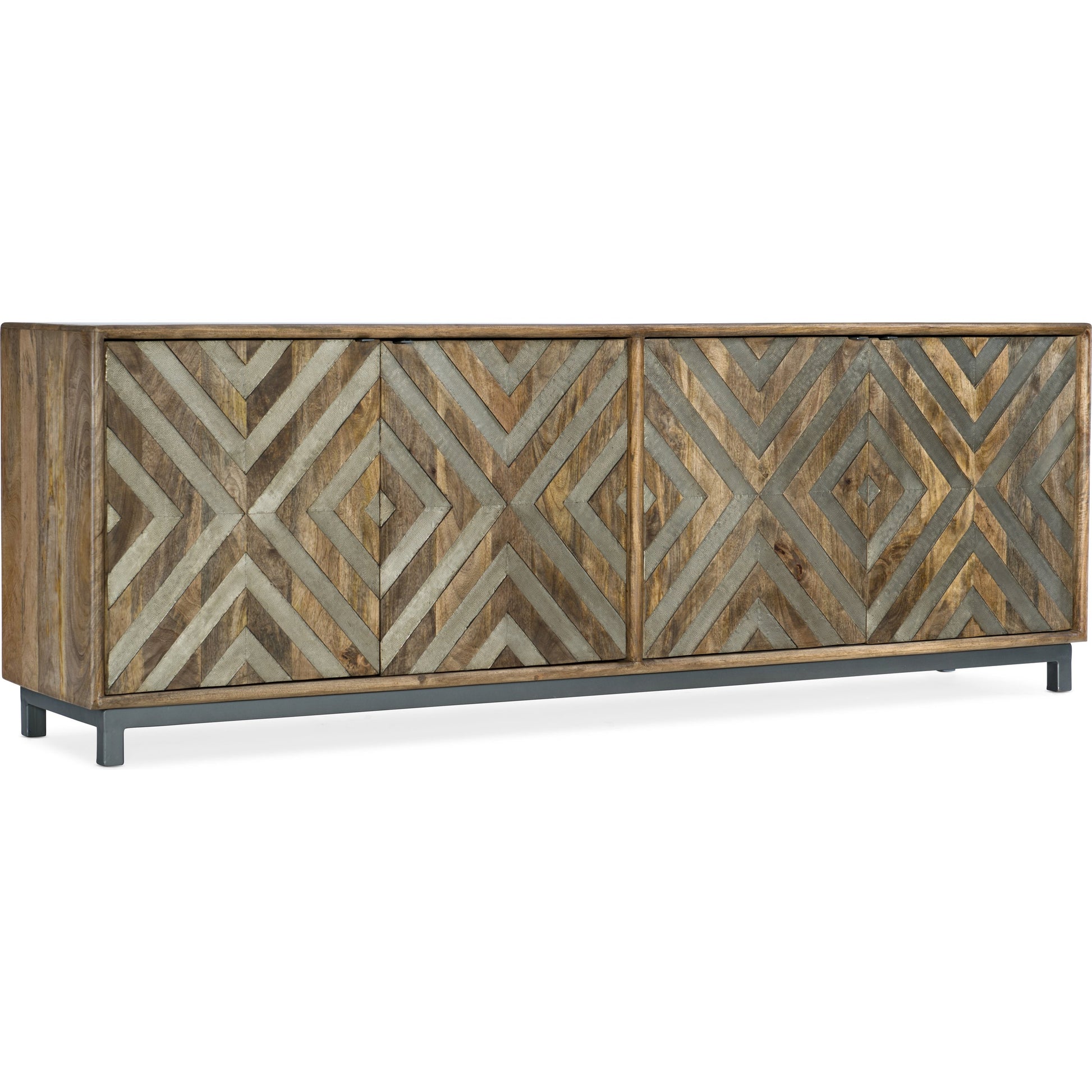 Four Door Entertainment Console by Hooker Furniture. Made from mango wood, iron, german silver in a modern style.