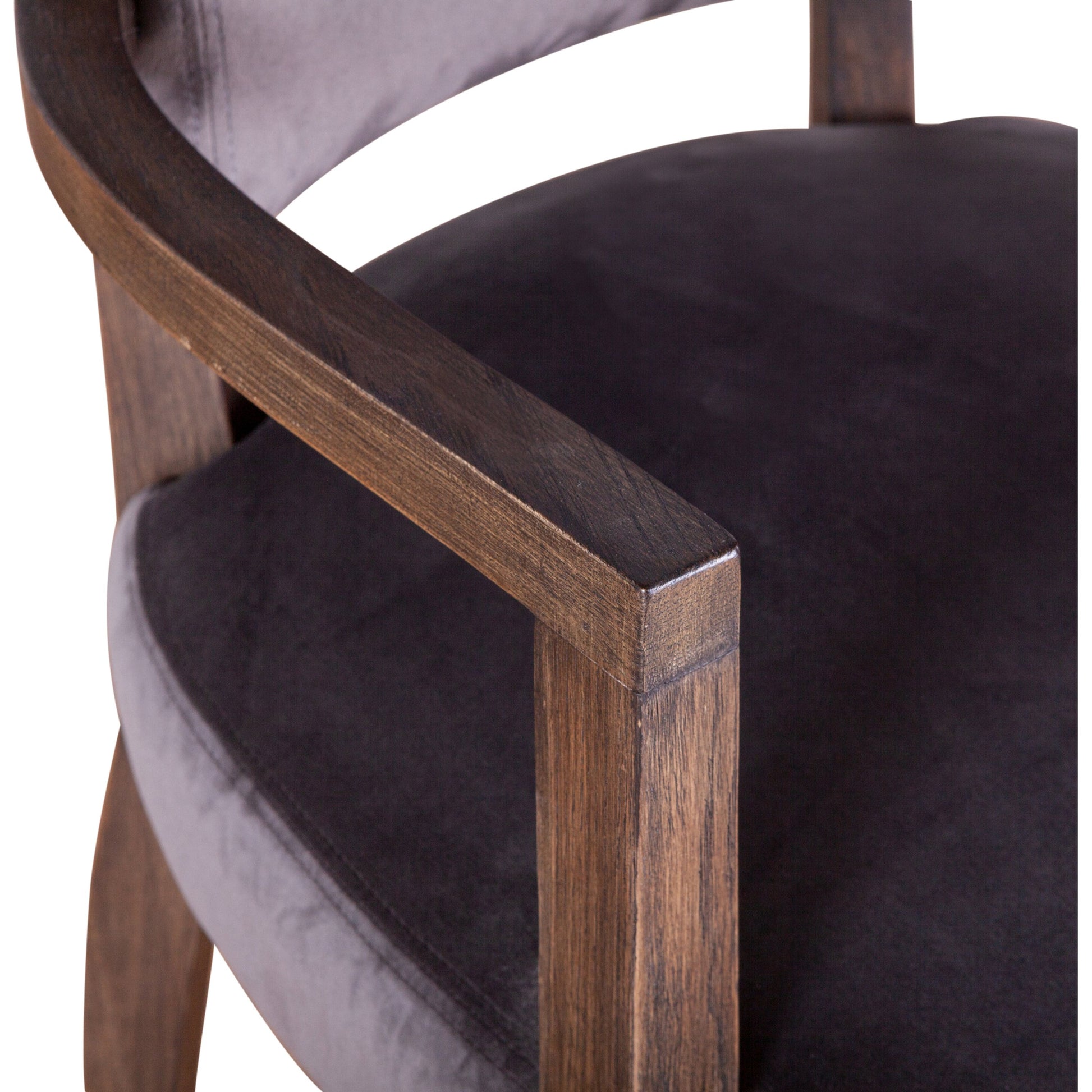 Portia Armchair by World Interiors in dark gray, whitewash and whitewash. Made from oak wood, velvet in a modern style.