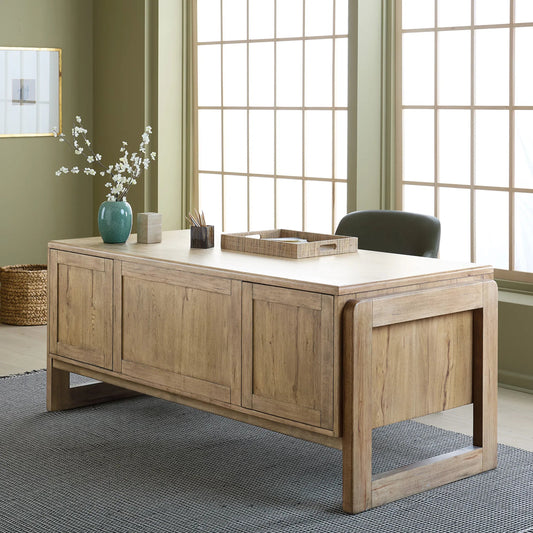 Kalamazoo Executive Desk by Hooker Furniture in medium wood and aged oak. Made from white oak veneers in a unique style.