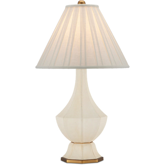 Musetta Table Lamp by Currey and Company in beige, antique brass. Made from faux leather, metal in a modern style.