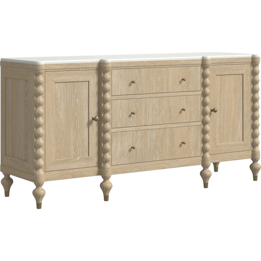 Haven Credenza by A.R.T. Furniture in sun oak. Made from parawood solids, oak veneer, marble in a unique style.