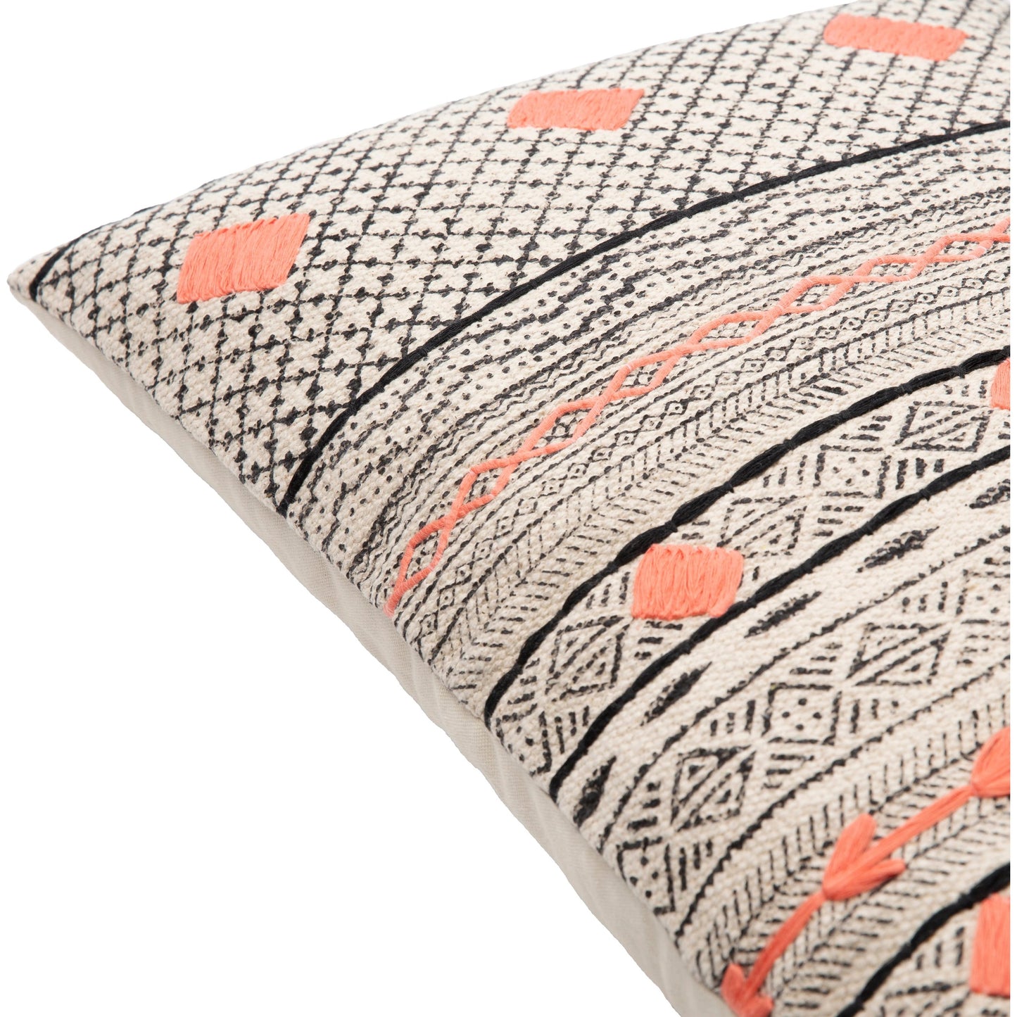 002 S-348530,S-348531 | Closeup | Zoya Pillow - 14555 by Surya in beige, black, dusty coral, denim. Made from 100% cotton in a eclectic & global style.