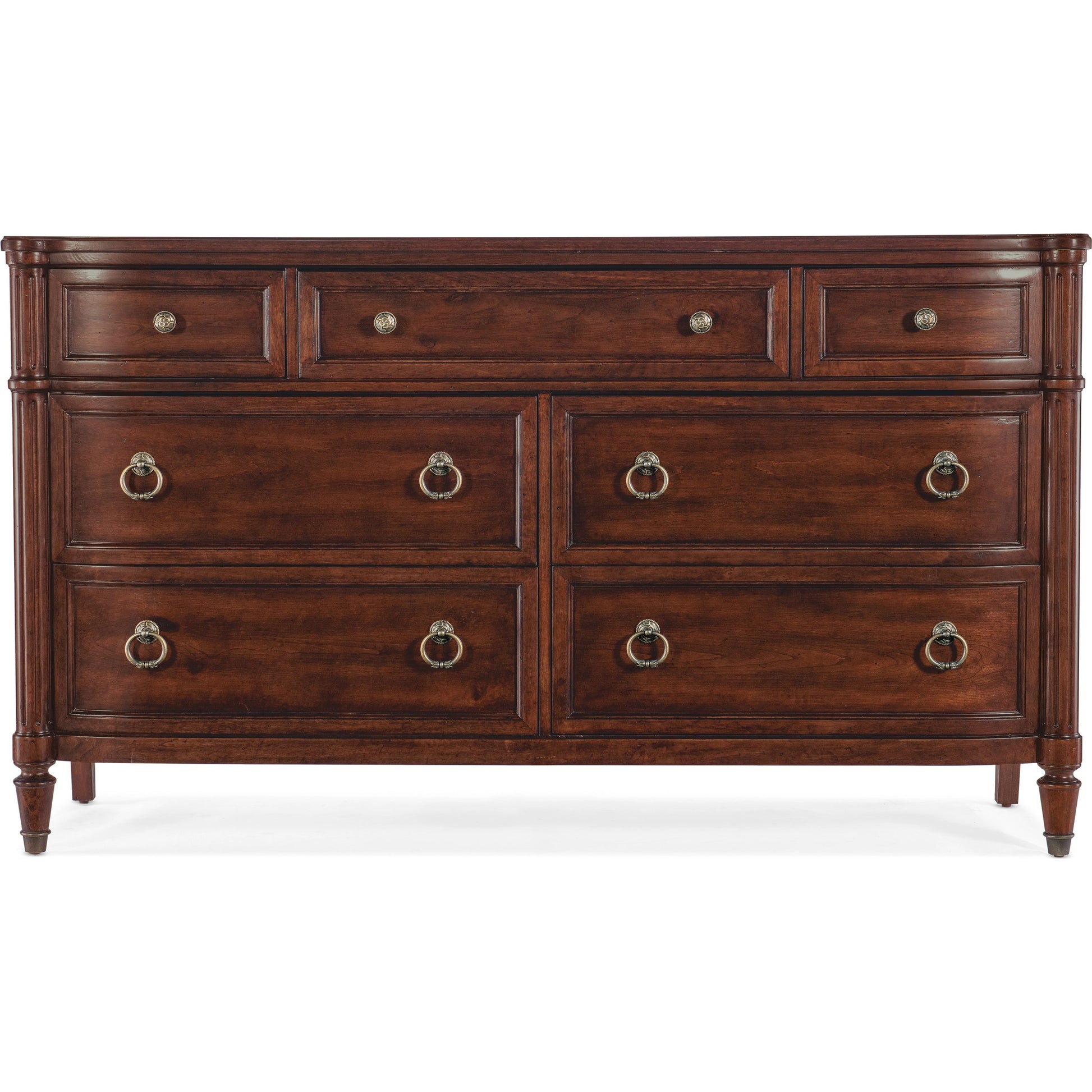 Charleston Seven-Drawer Dresser by Hooker Furniture. Made from cherry, okoume veneers, walnut inlay, olive ash burl, metal ferrules, solid-wood edge top in a traditional style.