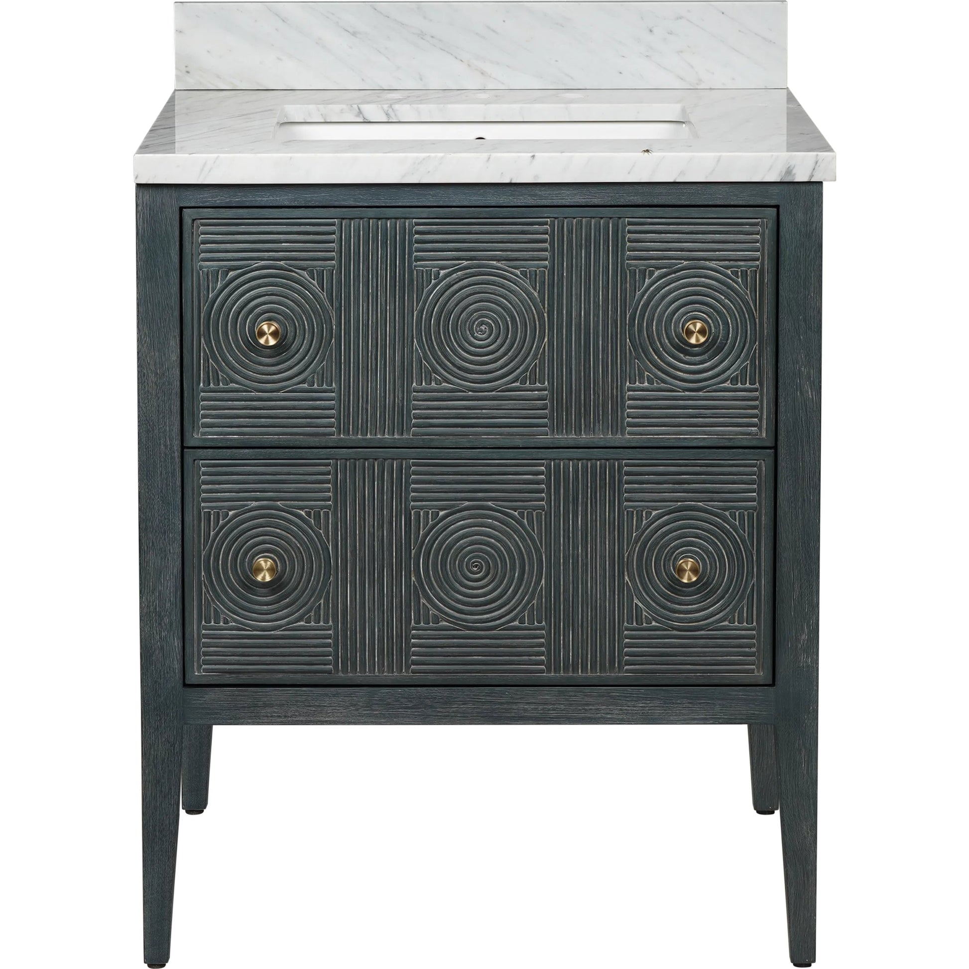 Santos 28" Vanity with Undermount Sink by Currey and Company. Made from rattan, mahogany, carrara marble, vitreous china, sungkai wood, brass in a unique style.