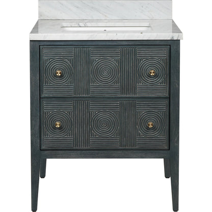 Santos 28" Vanity with Undermount Sink by Currey and Company. Made from rattan, mahogany, carrara marble, vitreous china, sungkai wood, brass in a unique style.