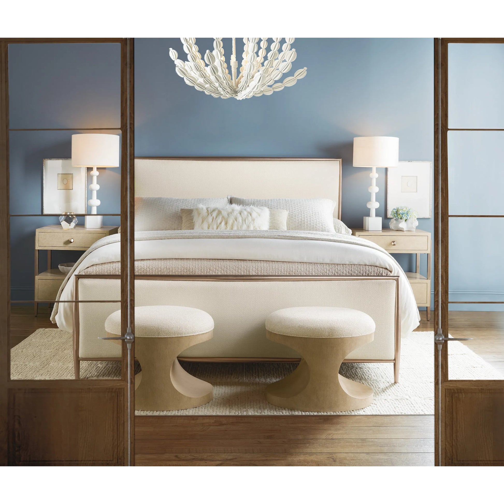 Westwood Two-Drawer Nightstand by Hooker Furniture in light wood and polished limestone. Made from oak veneers, metal in a transitional style.