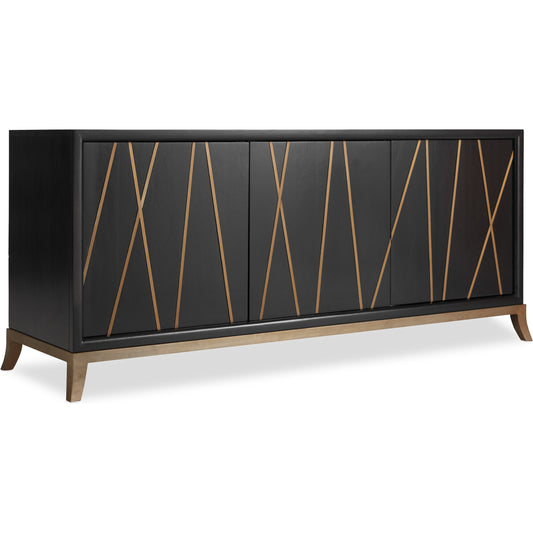 Entertainment Console by Hooker Furniture in black. Made from mango solids, metal in a unique style.