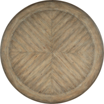 Castella Round Dining Table by Hooker Furniture in antique slate. Made from pecan, quartered hickory, quartered black walnut, quartered ash, maple veneers with resin in a traditional style.