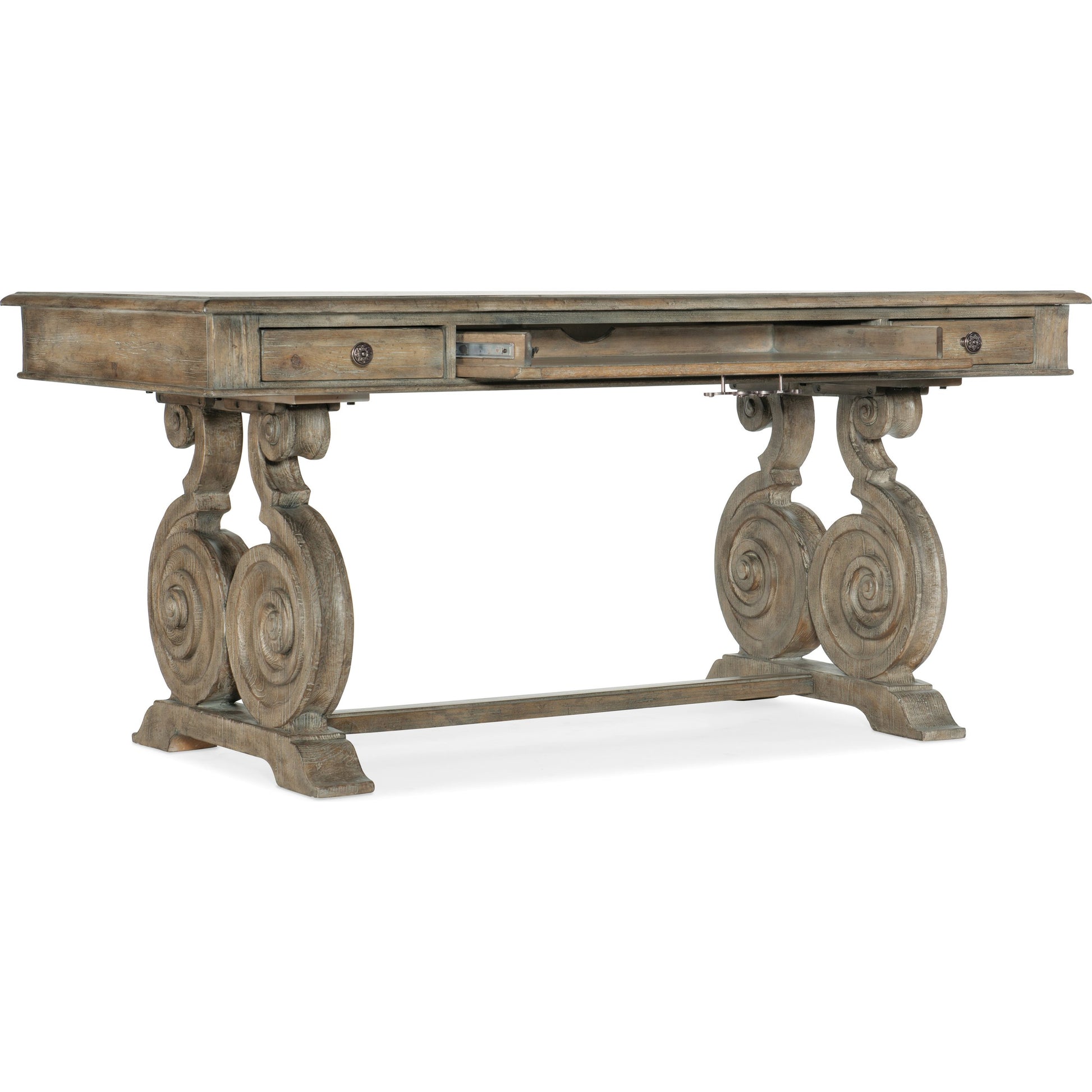 Castella Writing Desk by Hooker Furniture in antique slate. Made from pecan, quartered walnut, quartered black walnut, quartered ash, maple veneers in a traditional style.