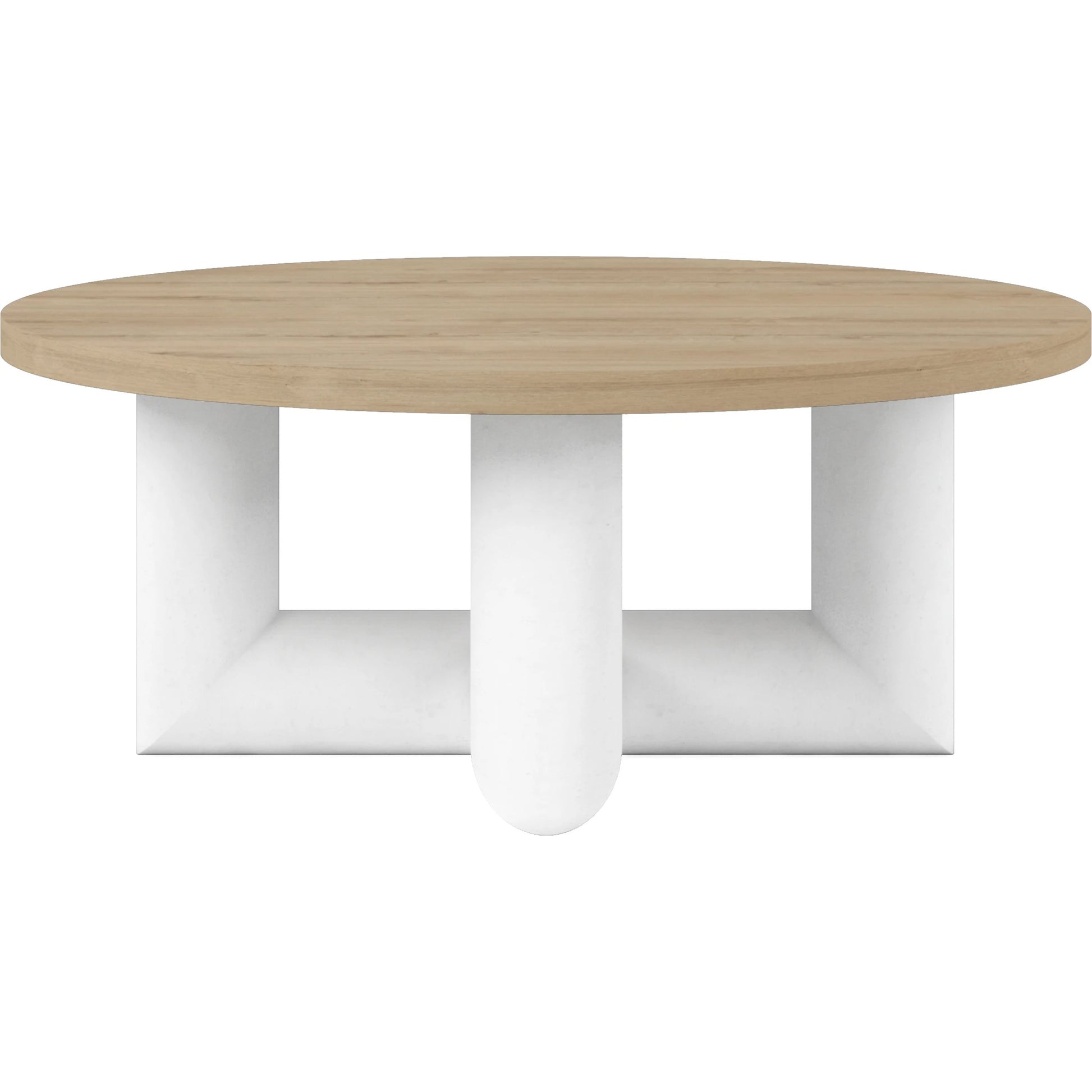 Garrison Round Cocktail Table by A.R.T. Furniture in washed oak, emory white. Made from parawood solids with ash embossing, white oak veneers, resin in a modern style.