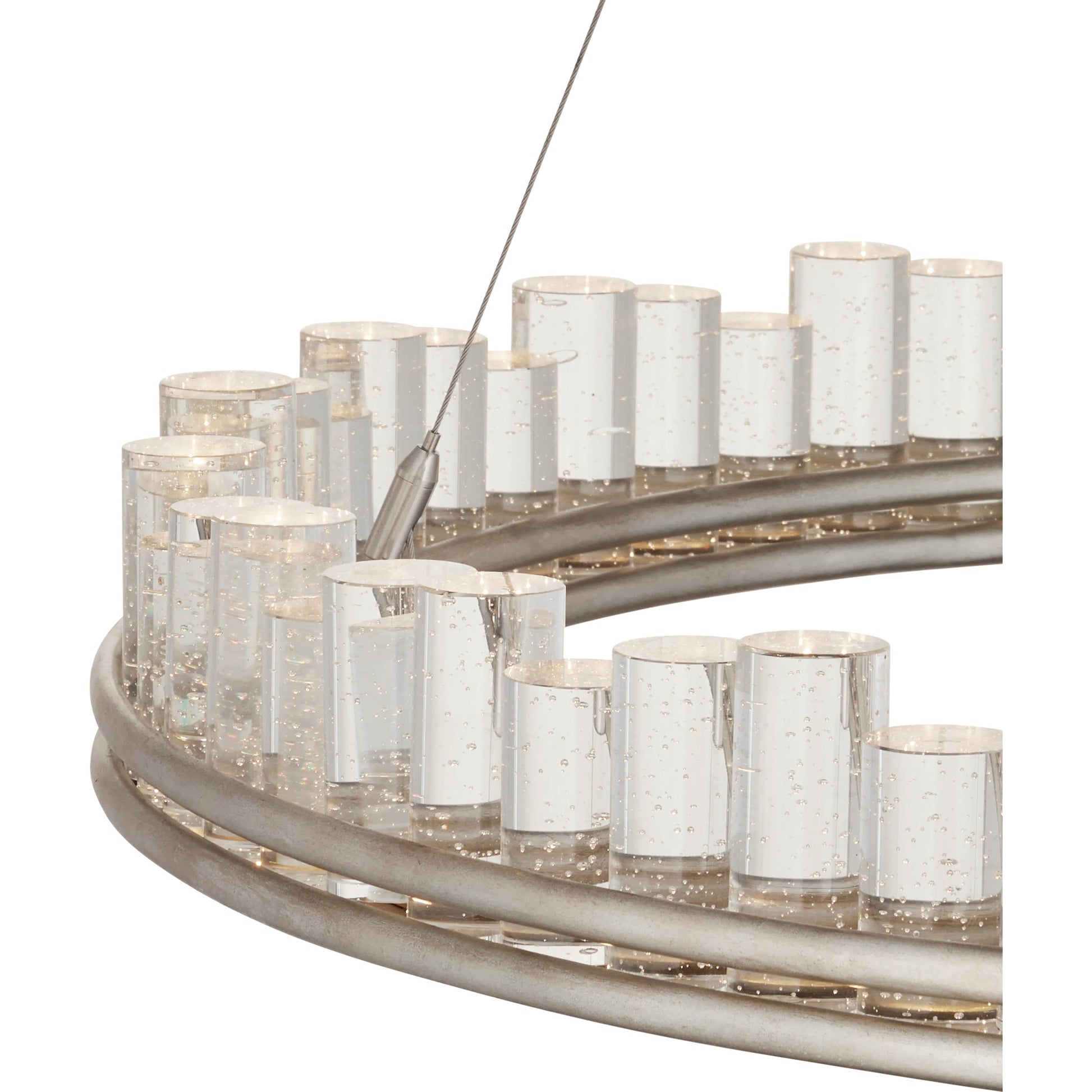 Pleiades Chandelier by Currey and Company in contemporary silver leaf, contemporary silver, clear. Made from wrought iron, seeded crystal in a modern style.